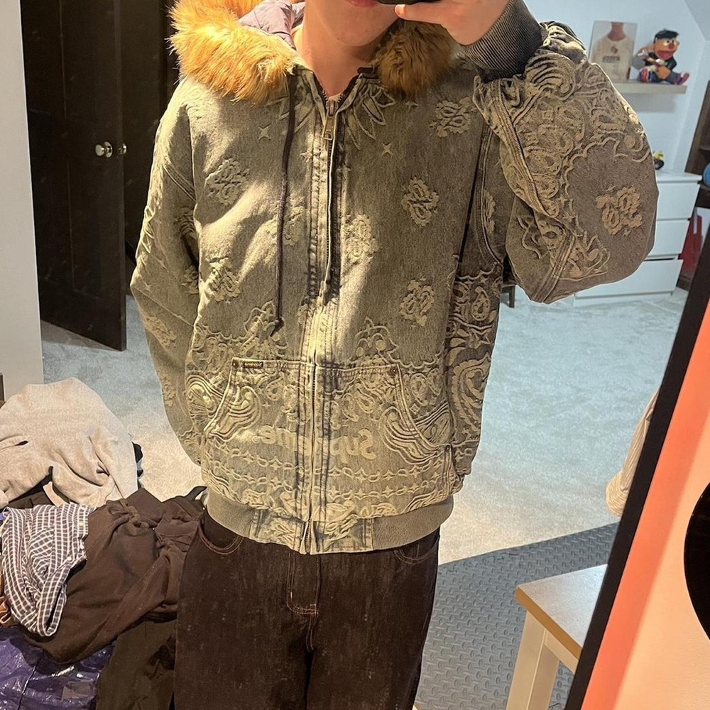 Supreme Gray Patterned Bomber Jacket With Fur Hood - image 5